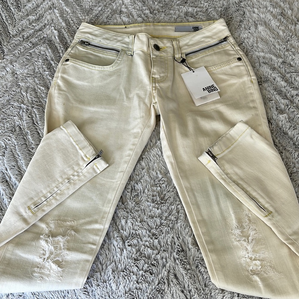 Anine Bing cream distressed zip ankle jeans 25